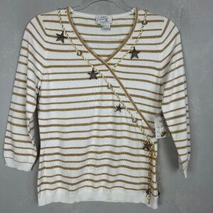 Just B women size S 3/4 sleeve top white gold stripe nautical star chain mermaid